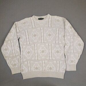 Vintage Savile Row Cable Knit Fisherman Sweater Men Medium Cream Crewneck USA
